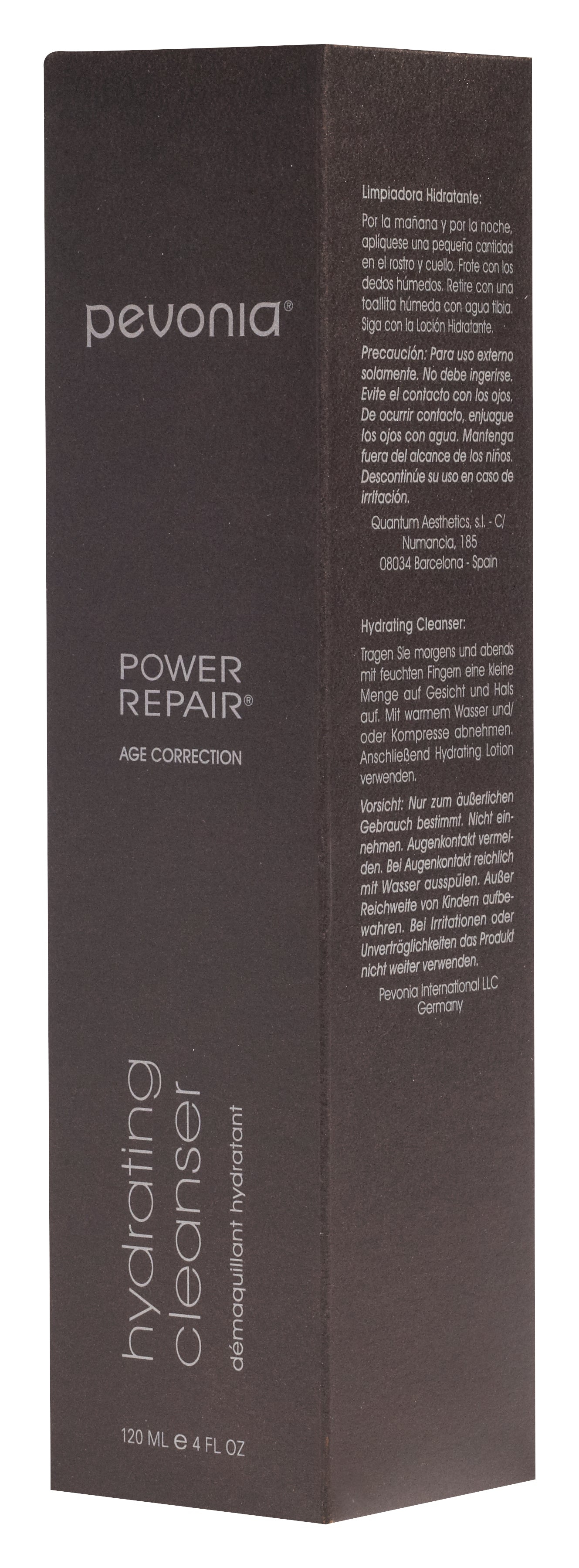 A bottle of Pevonia Power Repair-Hydrating Cleanser with a capacity of 120ml, sown in packaging box 