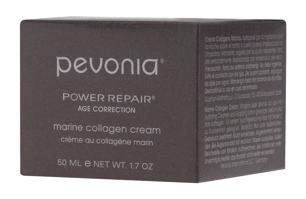 Pevonia marine collagen cream in box, which is designed for age correction and contains marine collagen and squalane for moisturizing and UV protection, for retail use 50g
