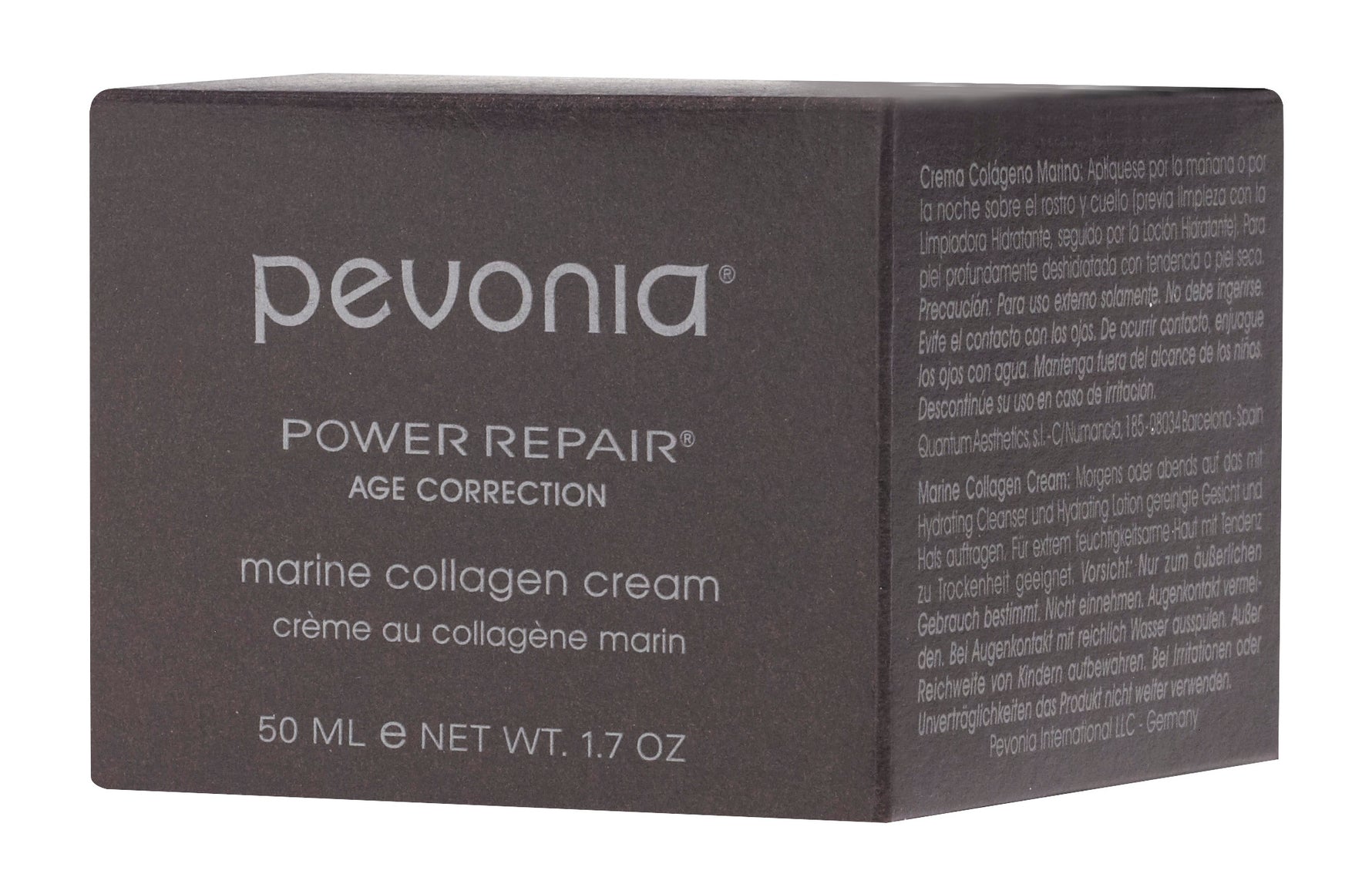Pevonia marine collagen cream in box, which is designed for age correction and contains marine collagen and squalane for moisturizing and UV protection, for retail use 50g