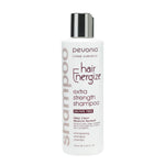 Bottle of Pevonia Hair Energize Extra-Strength Shampoo, with a white and silver label, indicating it is a strengthening hair shampoo, silicate-free, and with added caffeine.
