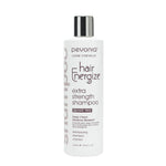 Bottle of Pevonia Hair Energize Extra-Strength Shampoo, with a white and silver label, indicating it is a strengthening hair shampoo, silicate-free, and with added caffeine.