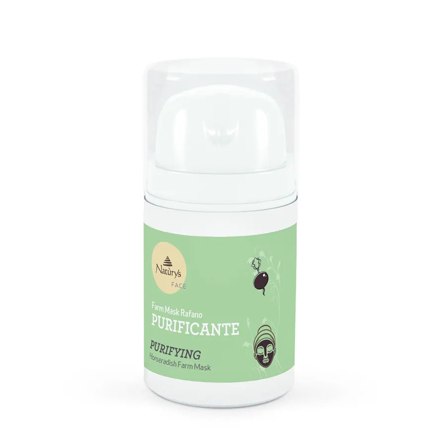 A white jar with a green label, containing a NATURYS Purifying Horseradish Farm Mask 50ml, designed for skincare.