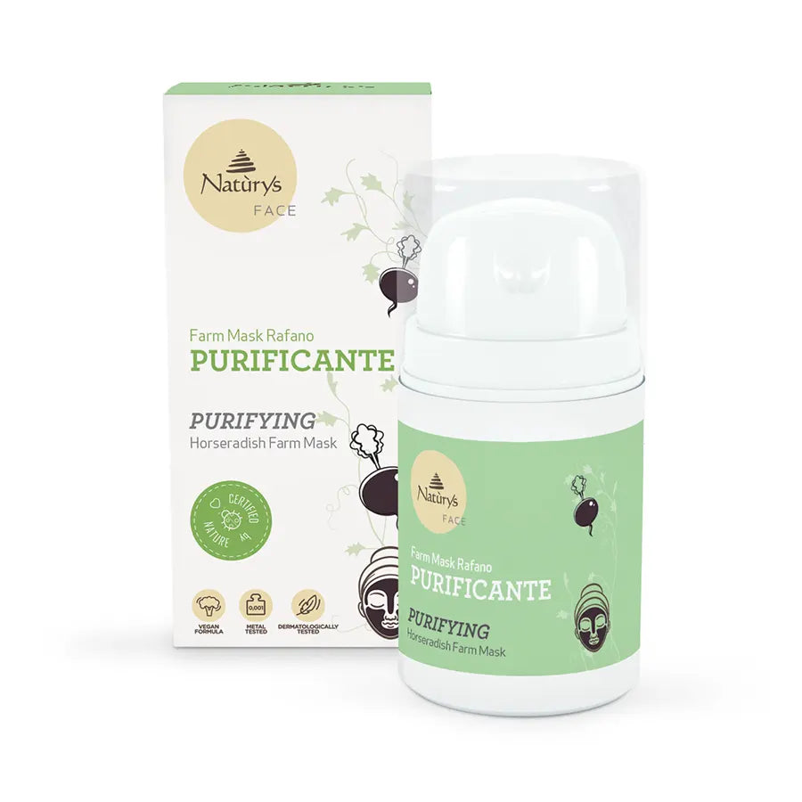 A packaged jar of Naturys Purifying Horseradish Farm Mask alongside its box, with green and white color theme and branding visible.
