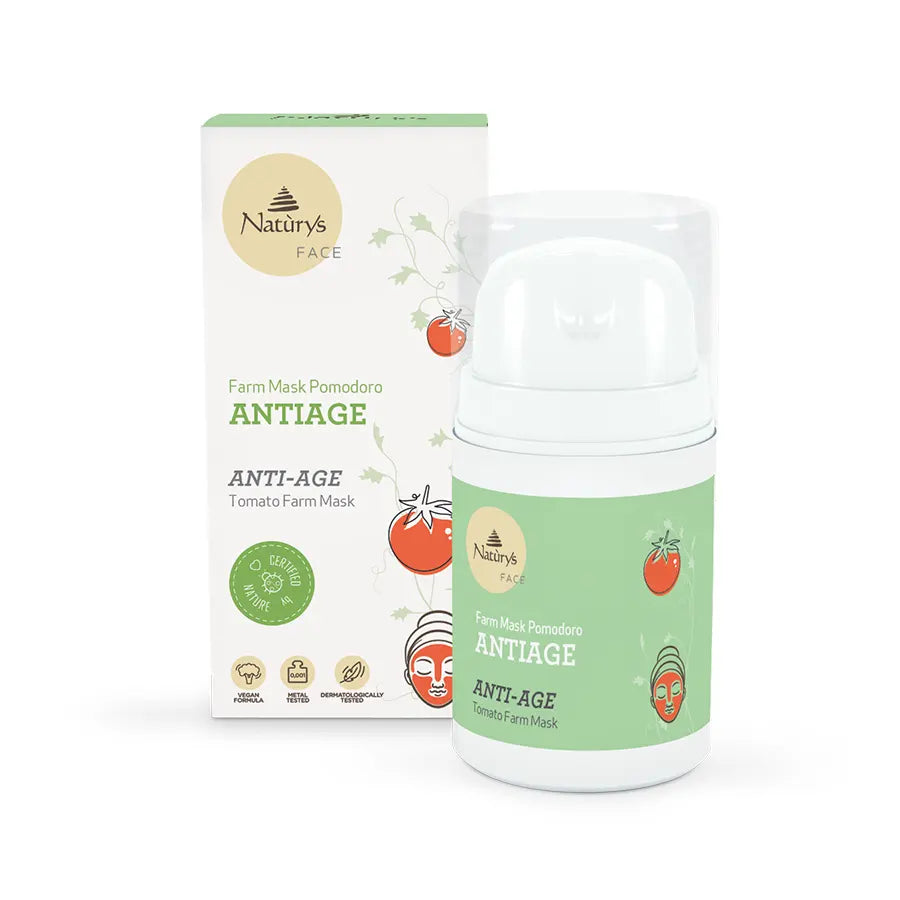 A packaged Naturys Anti-Ageing Tomato Farm Mask 50ml, featuring tomatoes as an ingredient and branding elements.