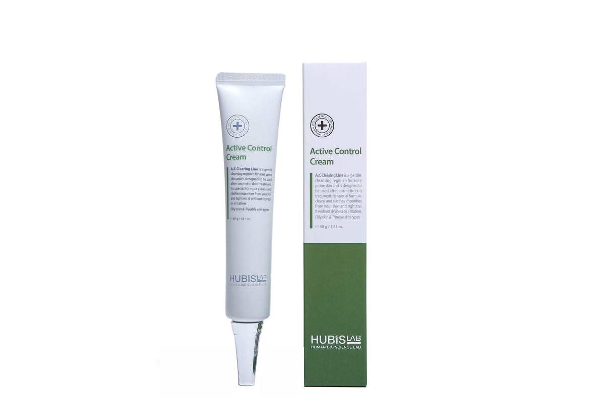 Hubislab Active Control Cream 40ml tube with matching box packaging on a clean white background.