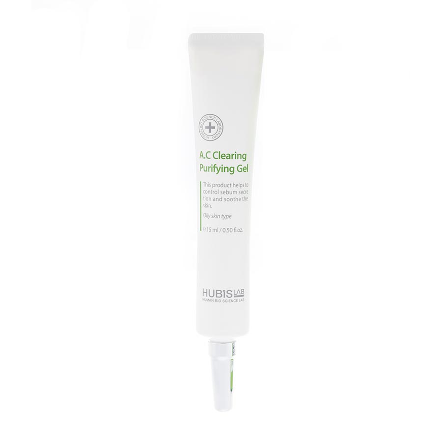 A packaged tube of HUBISLAB A.C Clearing Purifying Gel 15ml next to its green and white box.
