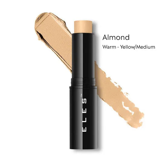 ELES Foundation Stick with applicator and color swatch in Almond shade with swatch on white background