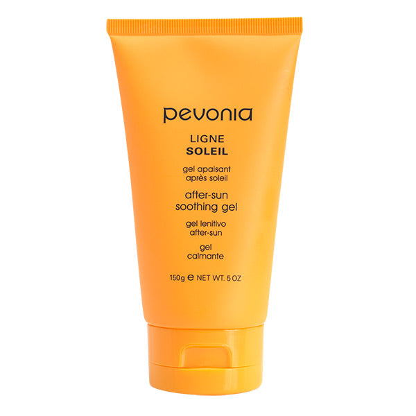 A tube of Pevonia After Sun Soothing Gel with French text, primarily orange in color, with a capacity of 150ml.
