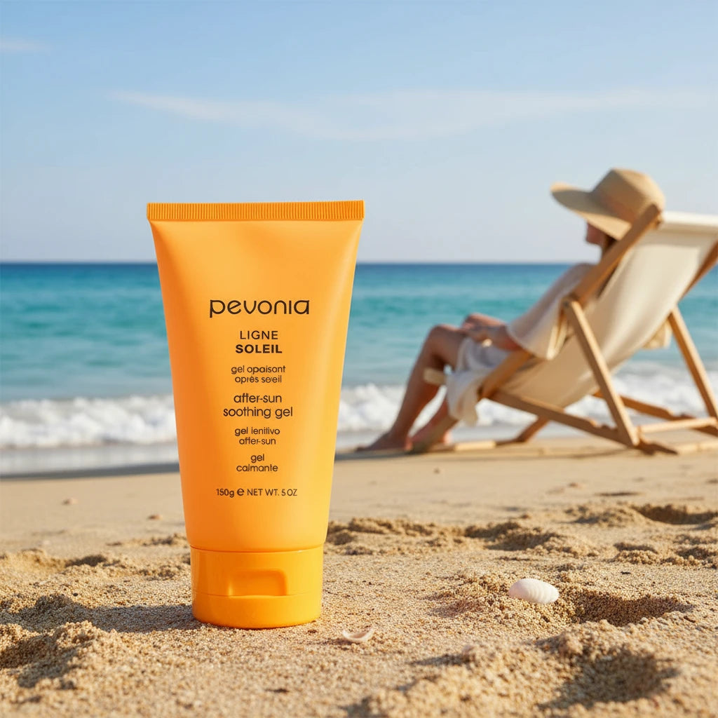 Pevonia sunscreen tube on a sandy beach with a person in the background
