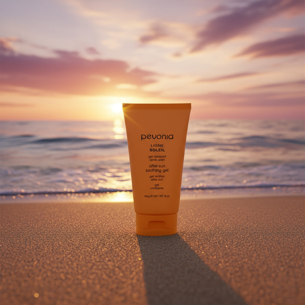 Pevonia after sun gel tube on a beach with sunset in the background