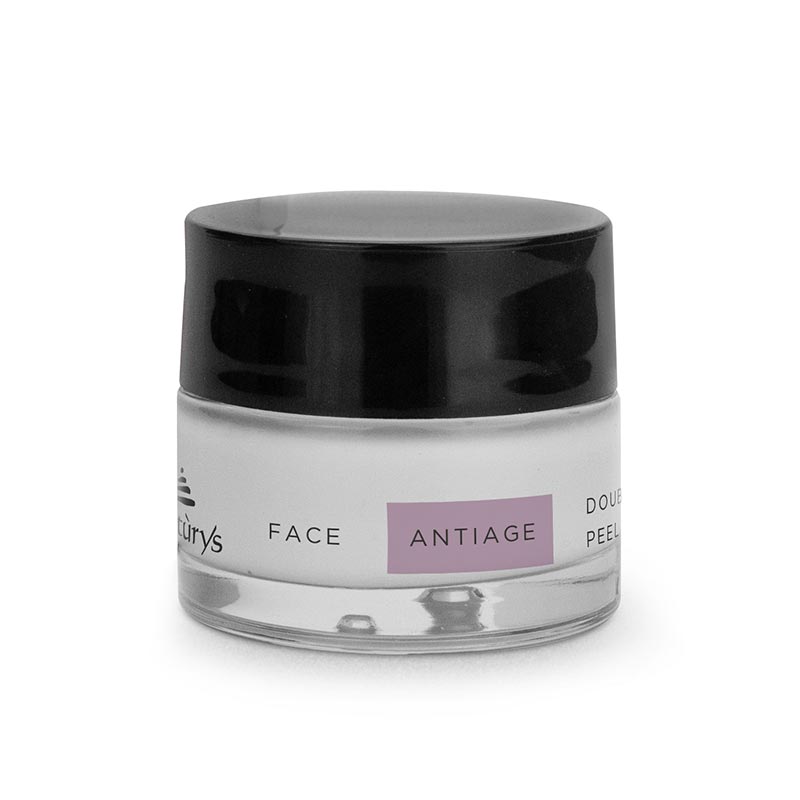 A jar of Naturys Anti-Age Double Action Peel Mask for face, with a black lid and a label indicating it is an anti-aging product.