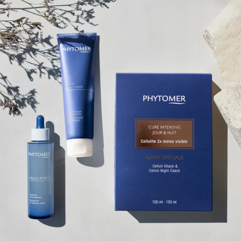 PHYTOMER CELLULITE DUO SPECIAL OFFER - Celluli Attack 100ml & Celluli Night Coach 150ml including a tube, bottle, and box on a light background.
