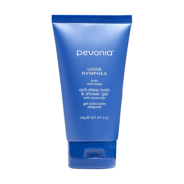 A tube of Pevonia brand Anti-Stress Bath & Shower Gel 150g, with blue packaging.
