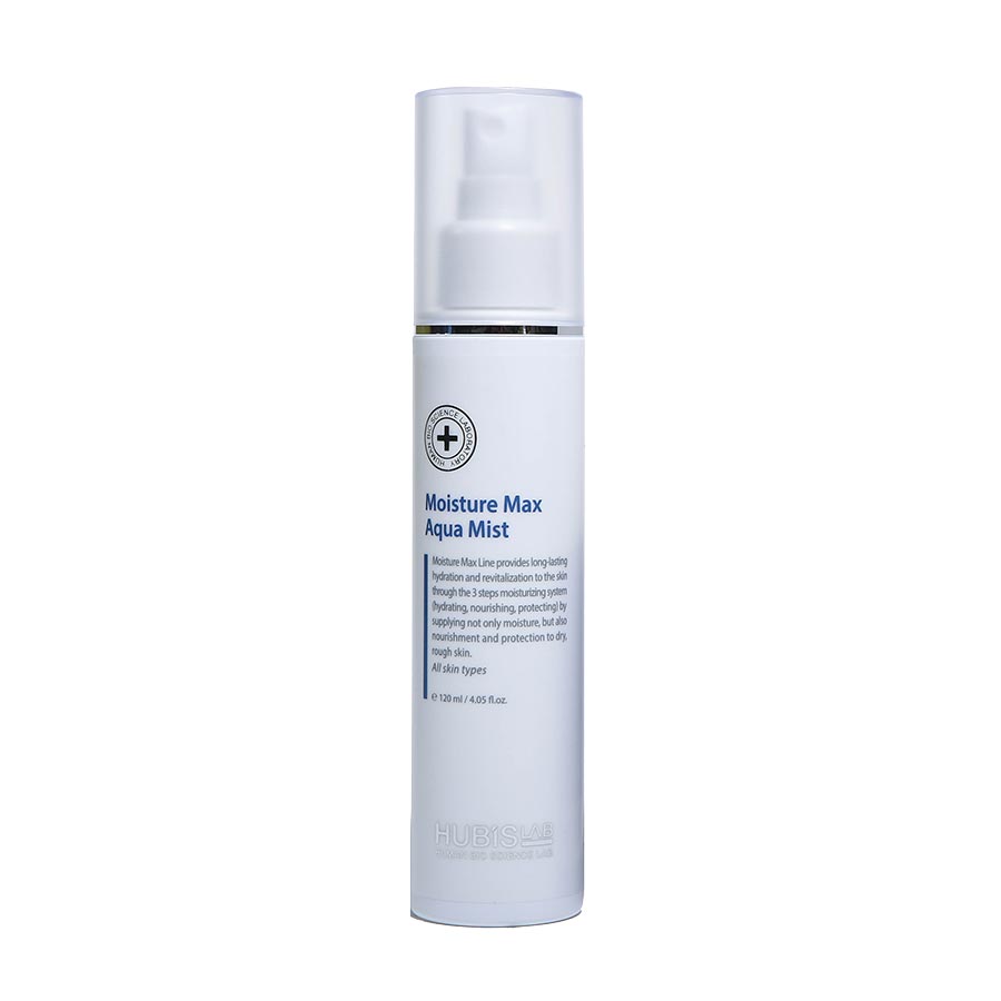 A pump bottle of Hubislab Moisture Max Aqua Mist 120ml, a skin care product with a white and blue label.