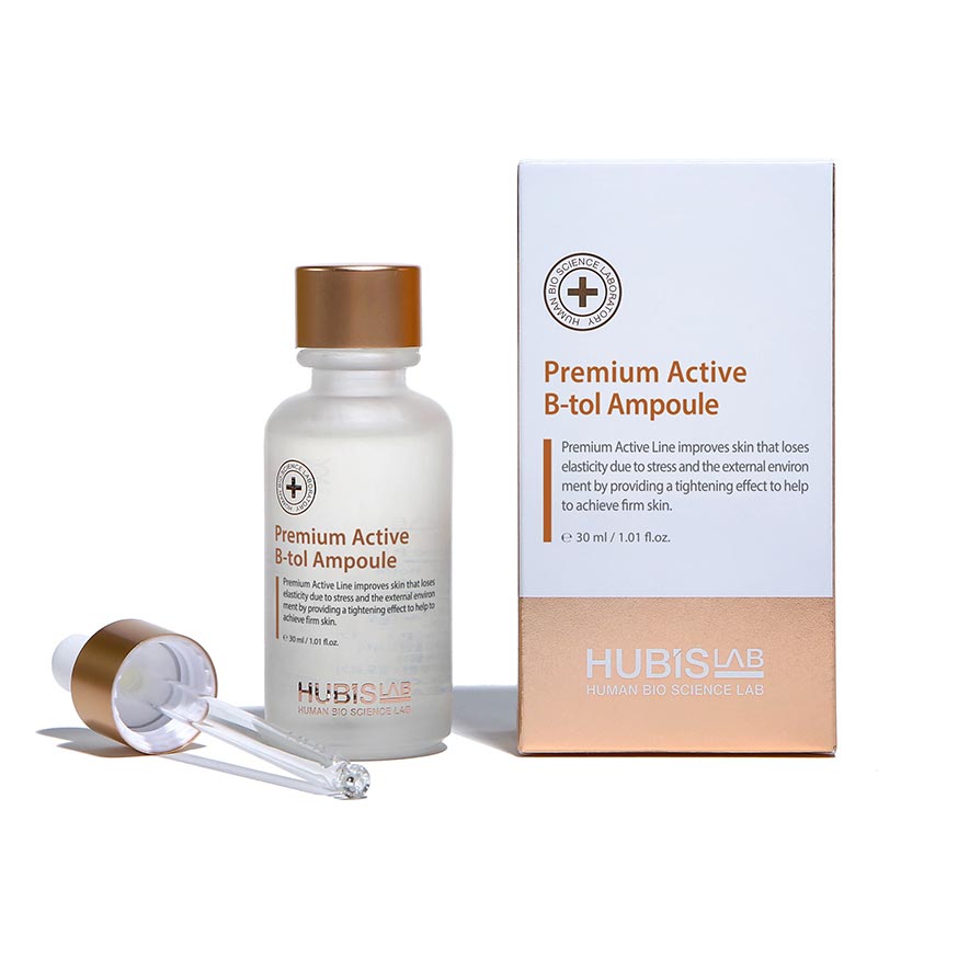 Minimal HUBISLAB Premium Active B-tol Ampoule product bottle 30ml with a dropper, next to its packaging box on a white background