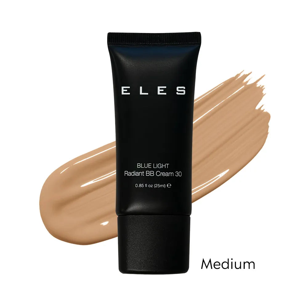 Black tube of ELES Blue Light Radiant BB Cream 30 with a beige color swatch on a white background