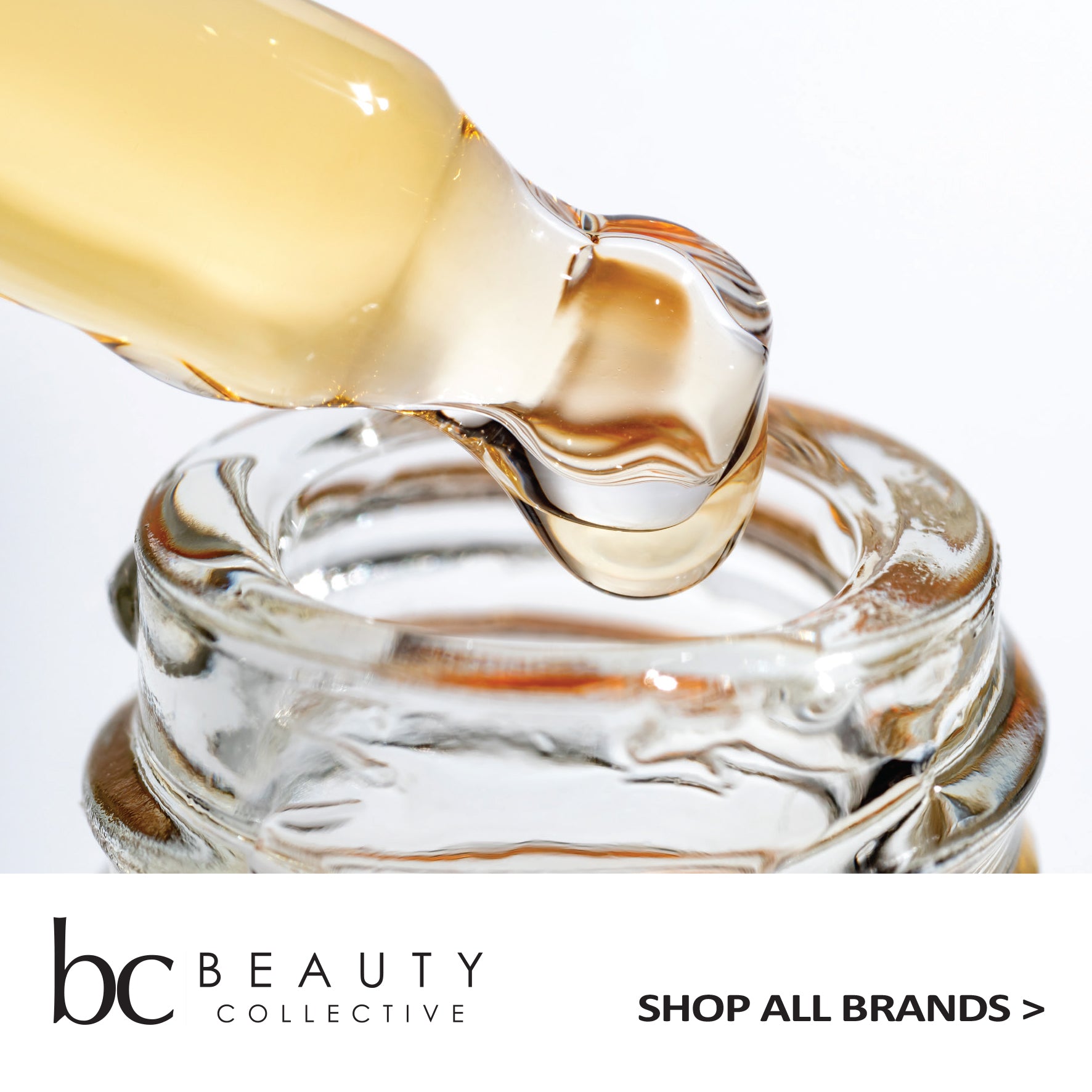 Dropper with liquid being poured into a glass jar, featuring the Beauty Collective logo.