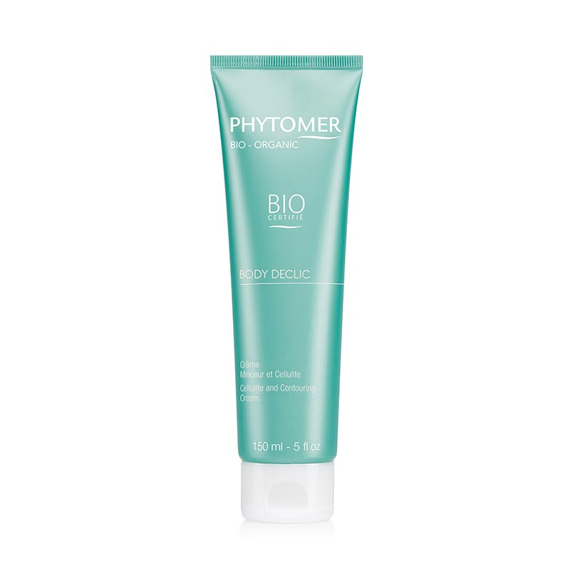 A tube of Phytomer BIO Body Declic Cellulite and Contouring Cream with a teal color scheme and white text detailing the product's use for body contouring and smoothing.