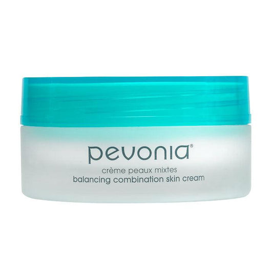 Pevonia balancing combination skin cream jar with blue lid on a white background