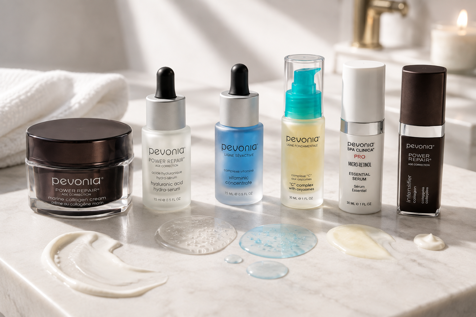 Six skincare products from the brand Pevonia arranged on a marble countertop with skincare creams and droplets in front of them. The products include a dark brown jar, a white serum bottle, a blue serum bottle, a pale yellow treatment bottle, a white treatment bottle, and a dark brown pump bottle.