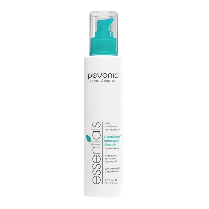 A pump bottle of Pevonia CleanRefresh Foaming Oil Cleanser against a white background.