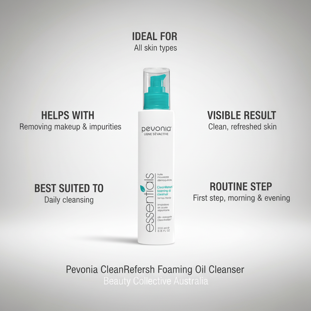 Pevonia CleanRefresh Foaming Oil Cleanser bottle with product features on a gray background