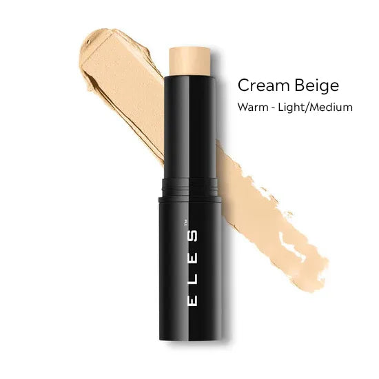 ELES Foundation Stick with applicator and color swatch with cream beige - Warm Light / Medium shade and 'ELES' branding on a white background