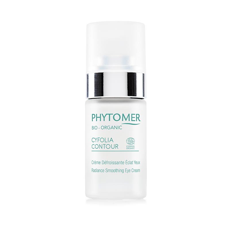 A white jar of Phytomer Bio Organic Cyfolia Contour Eye Cream with text indicating its organic nature and smoothening effect on the eye contour area.