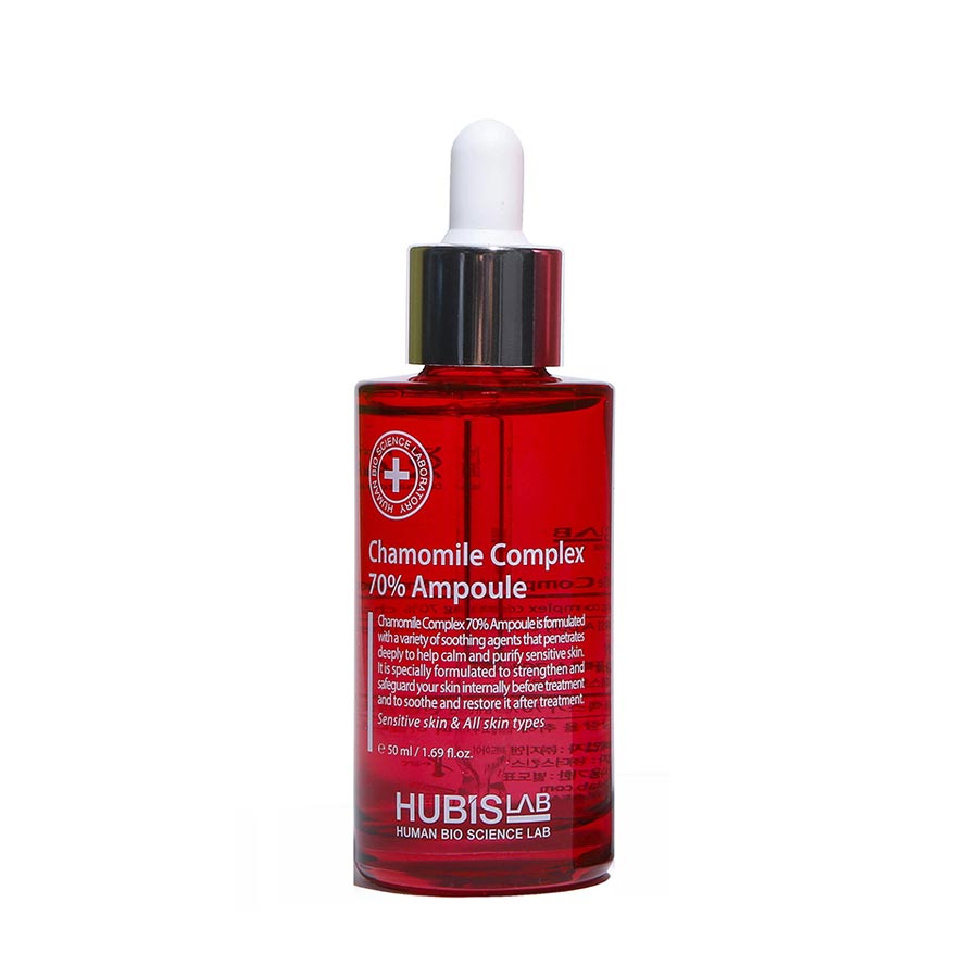 Hubislab Post Rays Chamomile Complex 70% Ampoule 50ml. A red bottle with a white dropper cap which is a skin care product.