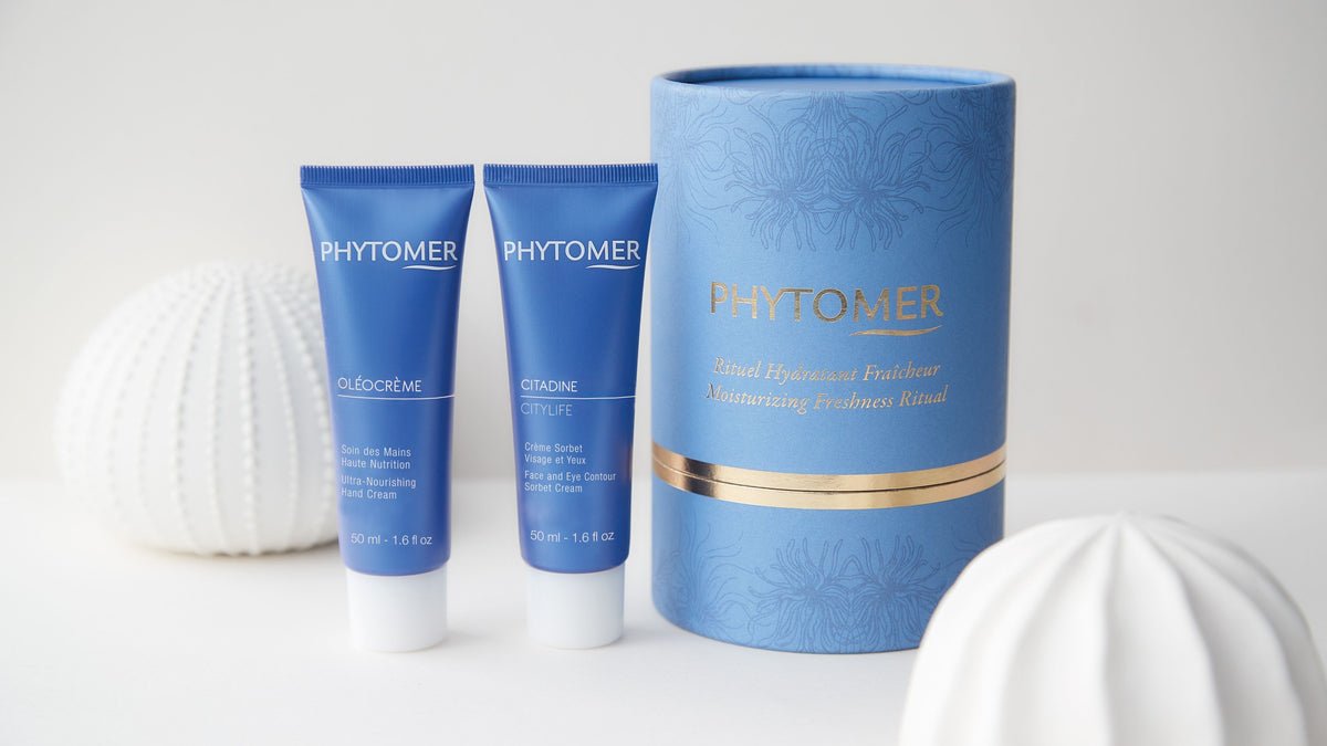 Phytomer Moisturizing Freshness Ritual skincare gift set with face and eye sorbet cream and nourishing hand cream in blue presentation box 1