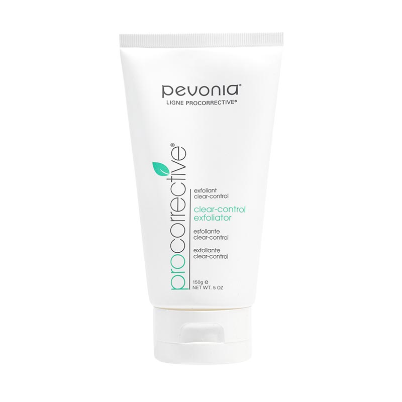 Tube of Pevonia ProCorrective Clear-Control Exfoliator 150g with white and green label, indicating it is a salicylic acid-based facial cleanser and exfoliator.