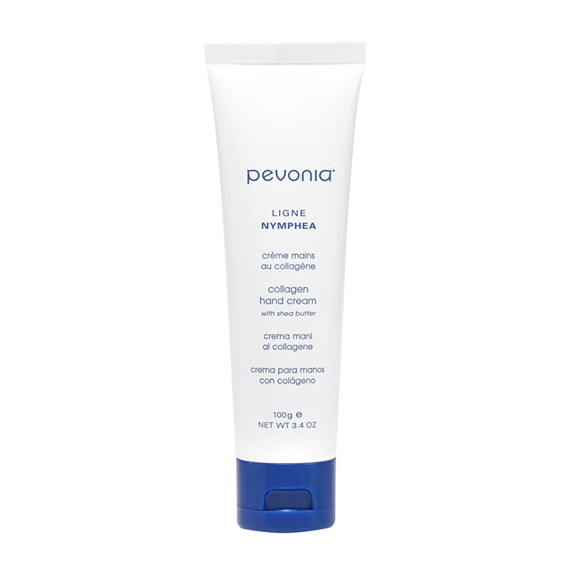 A tube of Pevonia collagen hand cream 100g with a white body and blue cap.