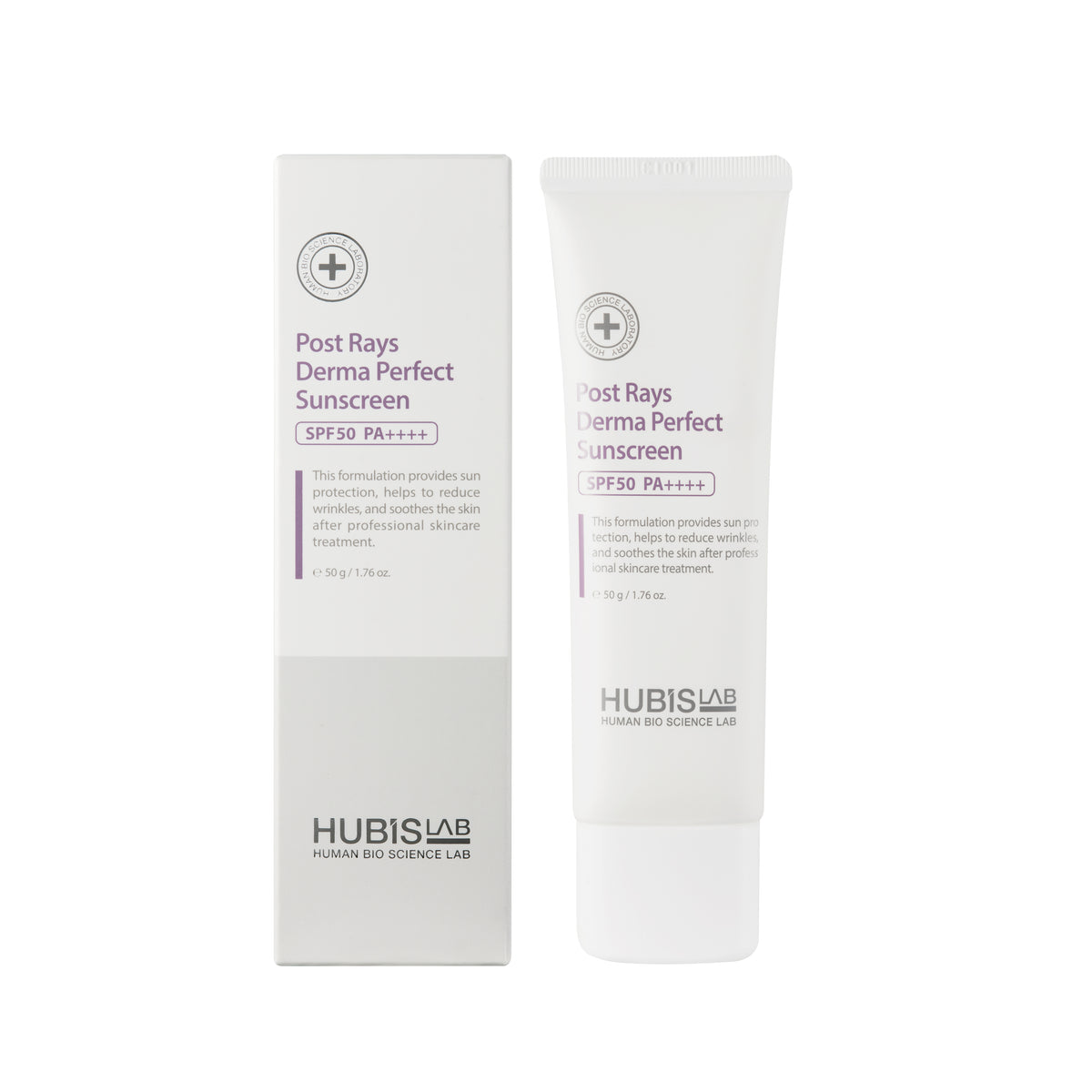 Packaging of 'Post Rays Derma Perfect Sunscreen SPF50 PA++++ - 50g' by HUBISLAB, showing the cream in a white tube with blue and purple text and branding details.