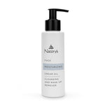 A white pump bottle with black label detailing the product as Naturys Moisturizing Cream Oil Cleanser and Makeup Remover, suitable for face.