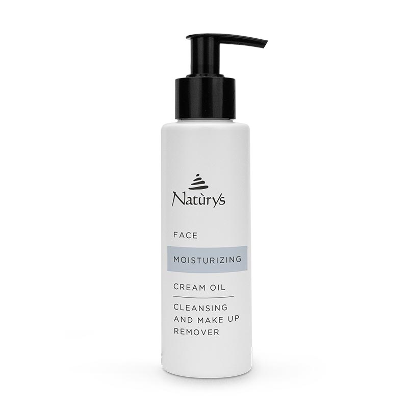 A white pump bottle with black label detailing the product as Naturys Moisturizing Cream Oil Cleanser and Makeup Remover, suitable for face.