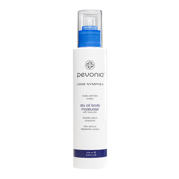 A bottle of Pevonia dry oil body moisturizer with a white label and blue accents on a white background.