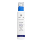 A bottle of Pevonia dry oil body moisturizer with a white label and blue accents on a white background.