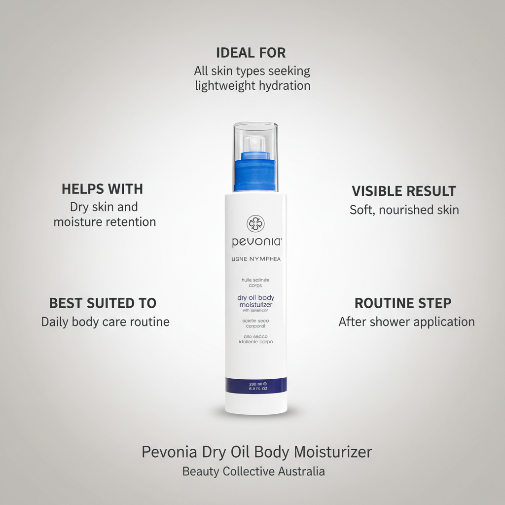 Pevonia Dry Oil Body Moisturizer bottle with text on a gray background