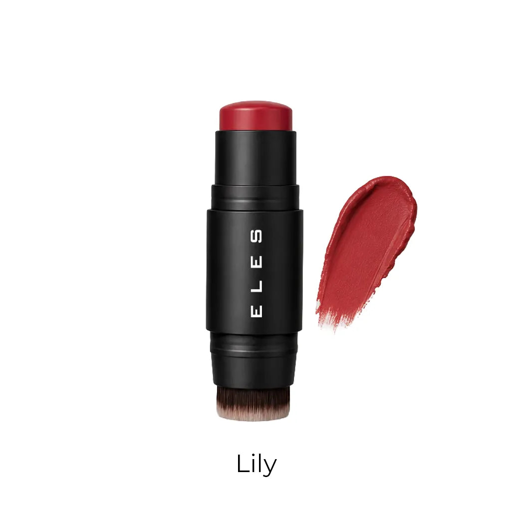 ELES lip blush stick in shade Lily, featuring a black cylindrical tube with white brand lettering and a red-pink product tip, shown next to a textured swipe of the lipstick on a white background.