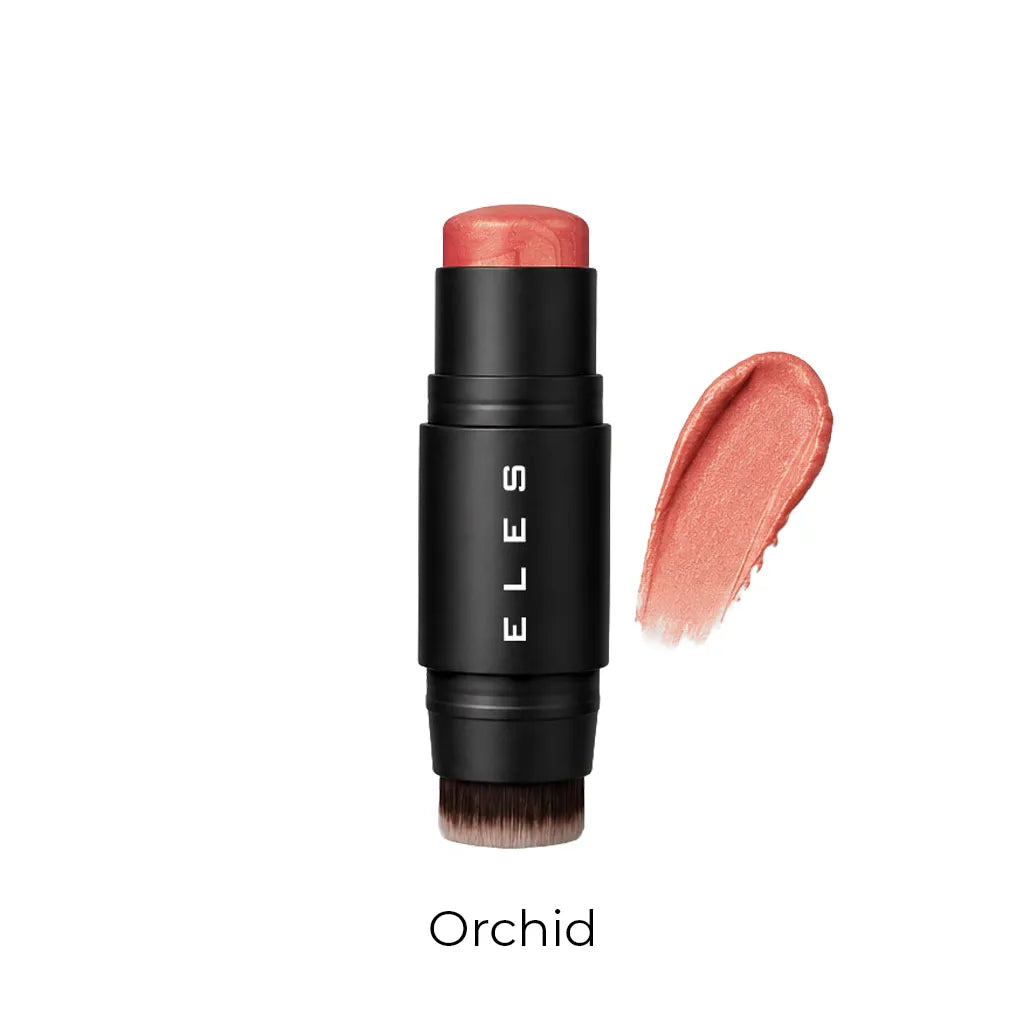 ELES makeup stick in the shade Orchid, featuring a black dual-ended container with a peachy pink cosmetic stick and a matching swatch on a white background.