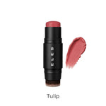ELES lip blush stick in the shade Tulip, featuring a black cylindrical tube with white brand lettering and a swatch of the dusty rose pink product on the right, set against a plain white background.