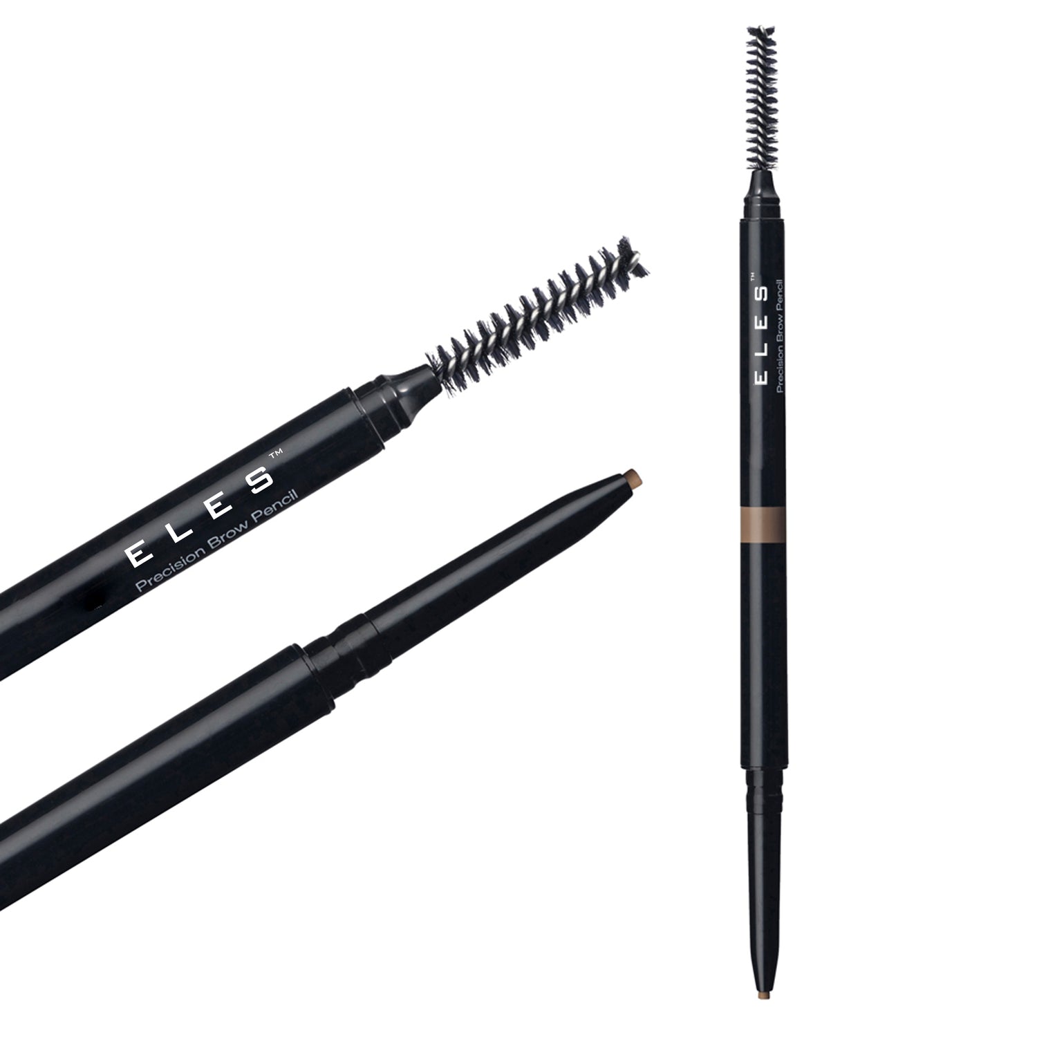 Two black eyebrow pencils with brush tips on a white background, featuring the brand 'ELES'.