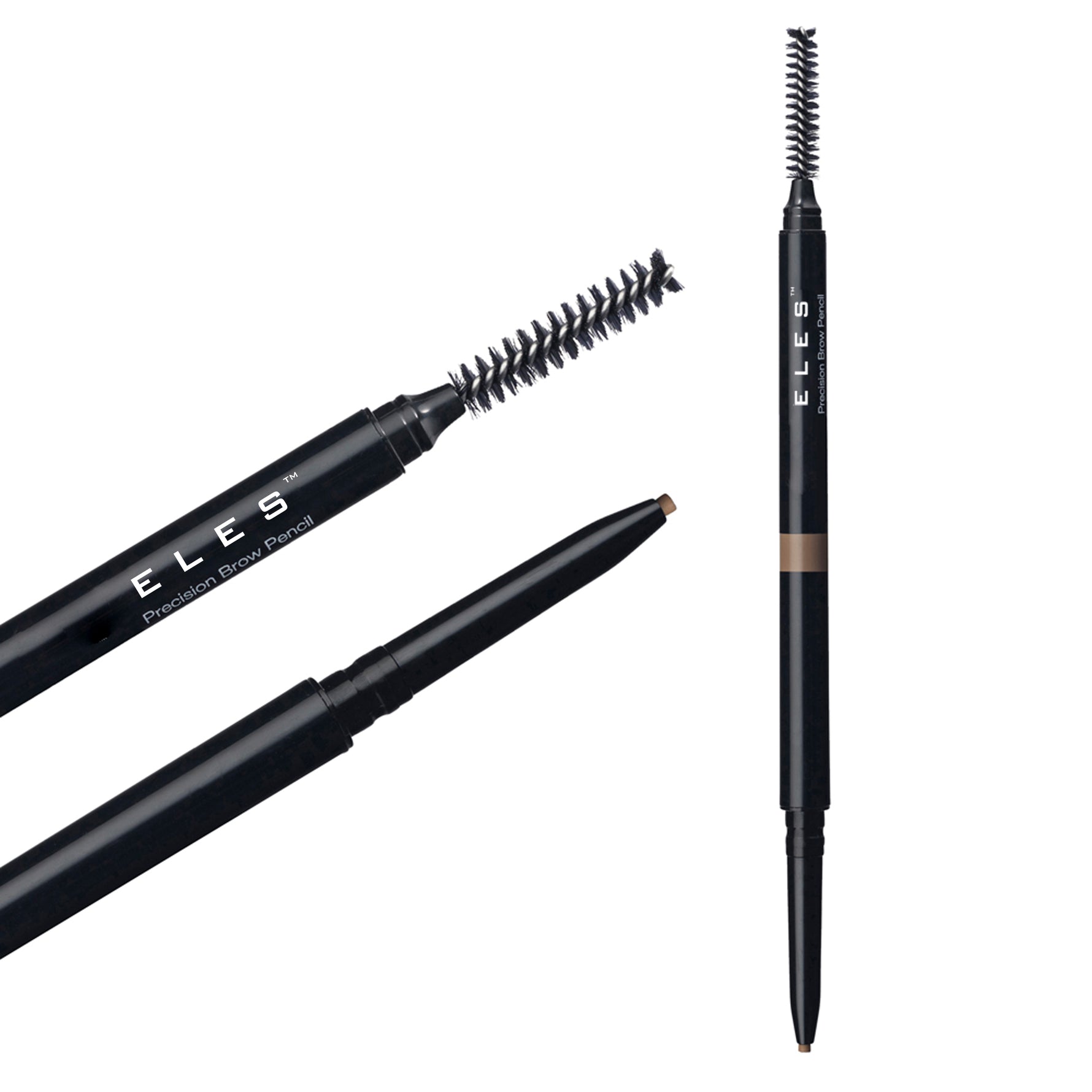 Two black eyebrow pencils with brush tips on a white background, featuring the brand 'ELES'.
