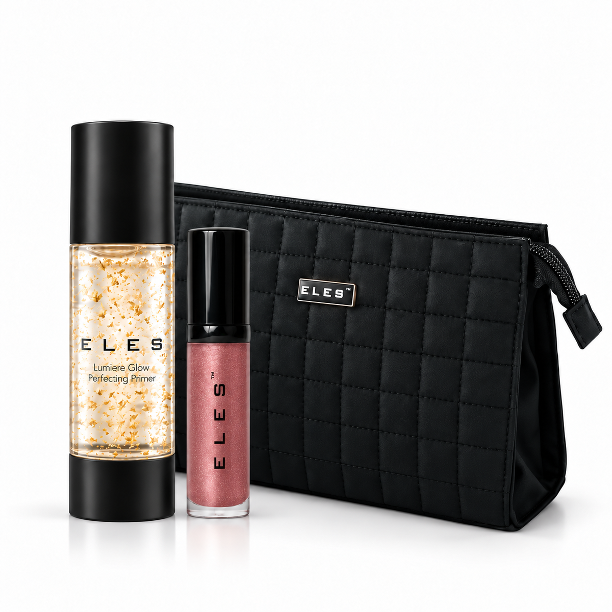 ELES Christmas gift set with Lumiere Glow Perfecting Primer 30 ml, Demure Colour Balm and black quilted cosmetics bag on white.