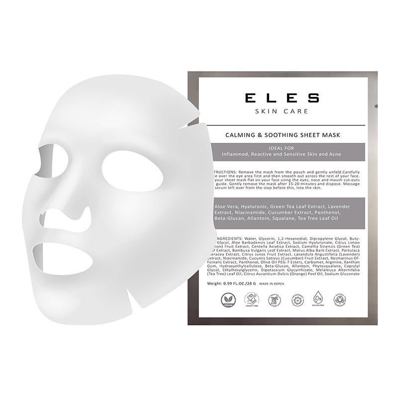 Packaging and sheet mask of ELES Skin Care Professional Strength Calming and Soothing Sheet Mask with natural botanical extracts.