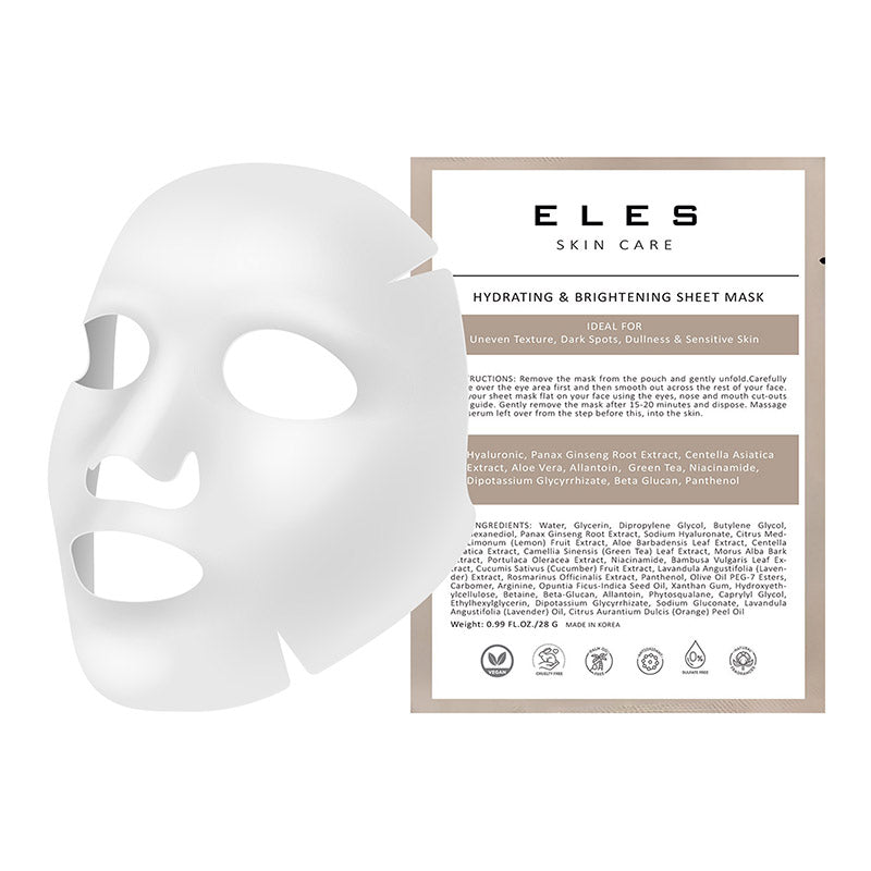 A packaged ELES Skin Care Hydrating & Brightening Sheet Mask with a white sheet mask visible in front of its packaging box.