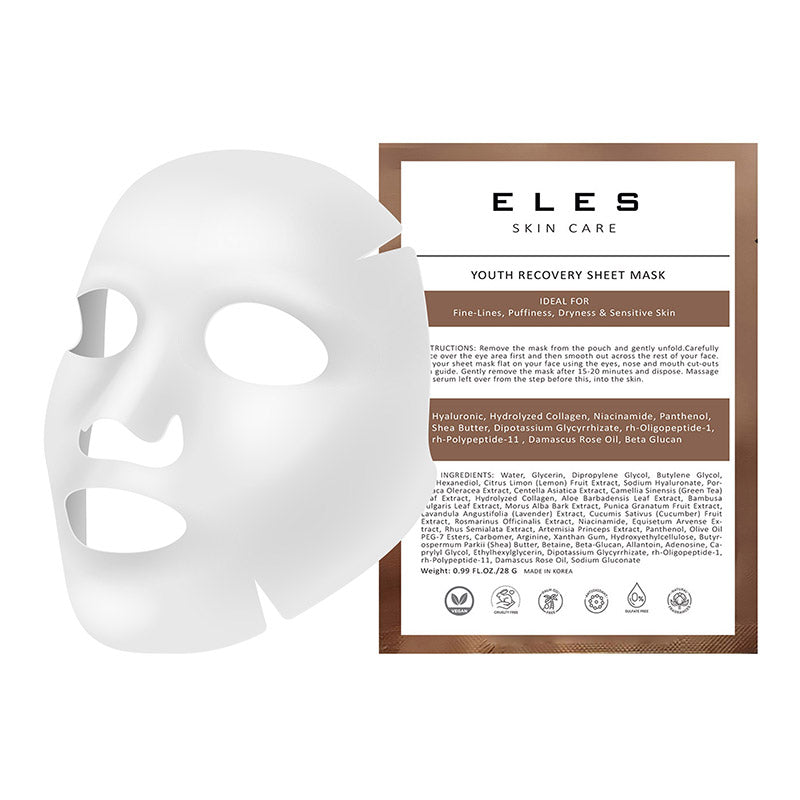A packaged ELES Skin Care Youth Recovery Sheet Mask with a white sheet mask displayed in front of its packaging. The packaging contains product information and is labeled as vegan, cruelty-free, fragrance-free, and sulphate-free.