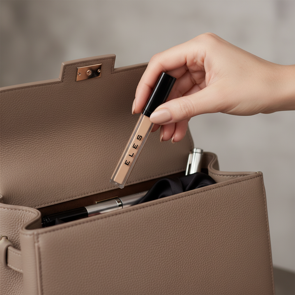 Hand holding a ELES Adjustable Coverage Concealer over an open brown handbag with 'ELES' branding.