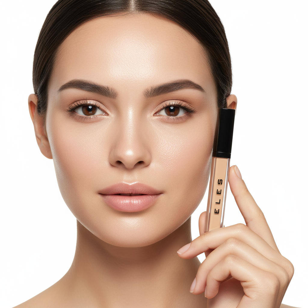 Woman holding an ELES Adjustable Coverage Concealer against a white background