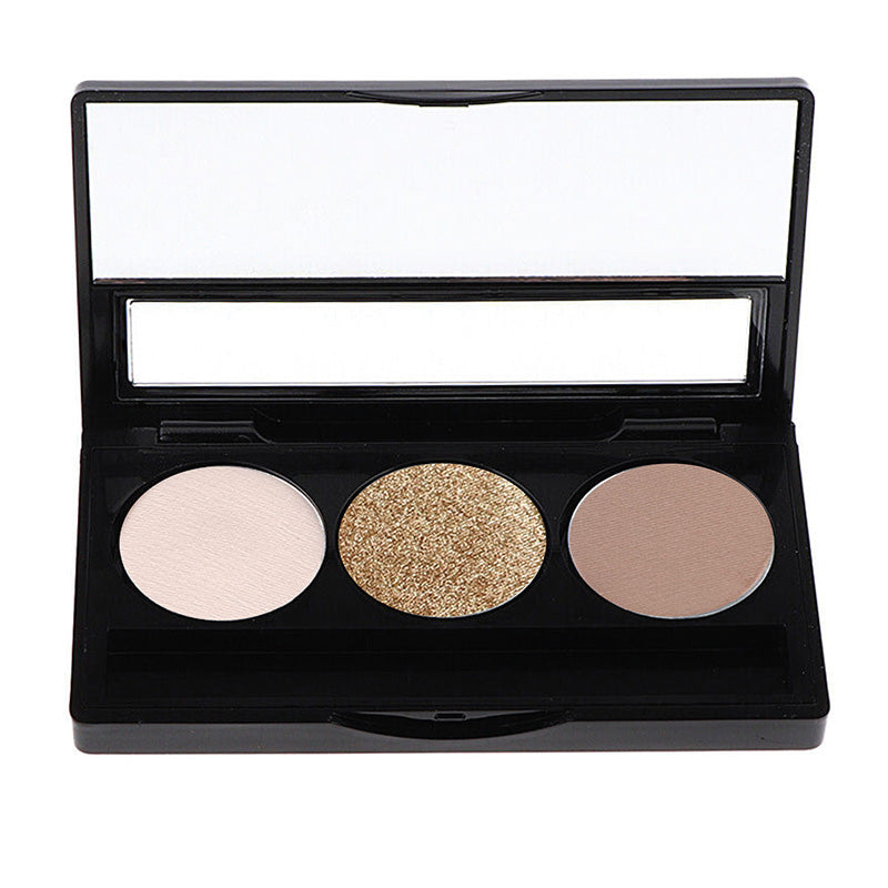 An eyeshadow palette with three shades: one matte, one shimmer, and one matte with a bronze tint.